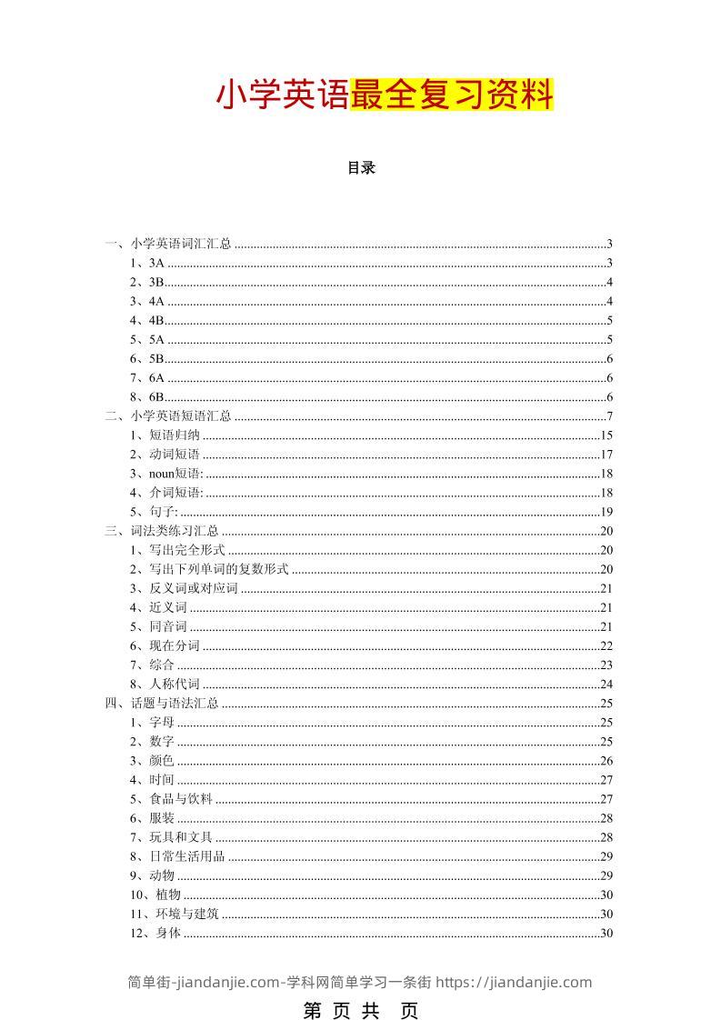 六年级下英语最全复习资料（单词、短语、语法、主题）-简单街-jiandanjie.com