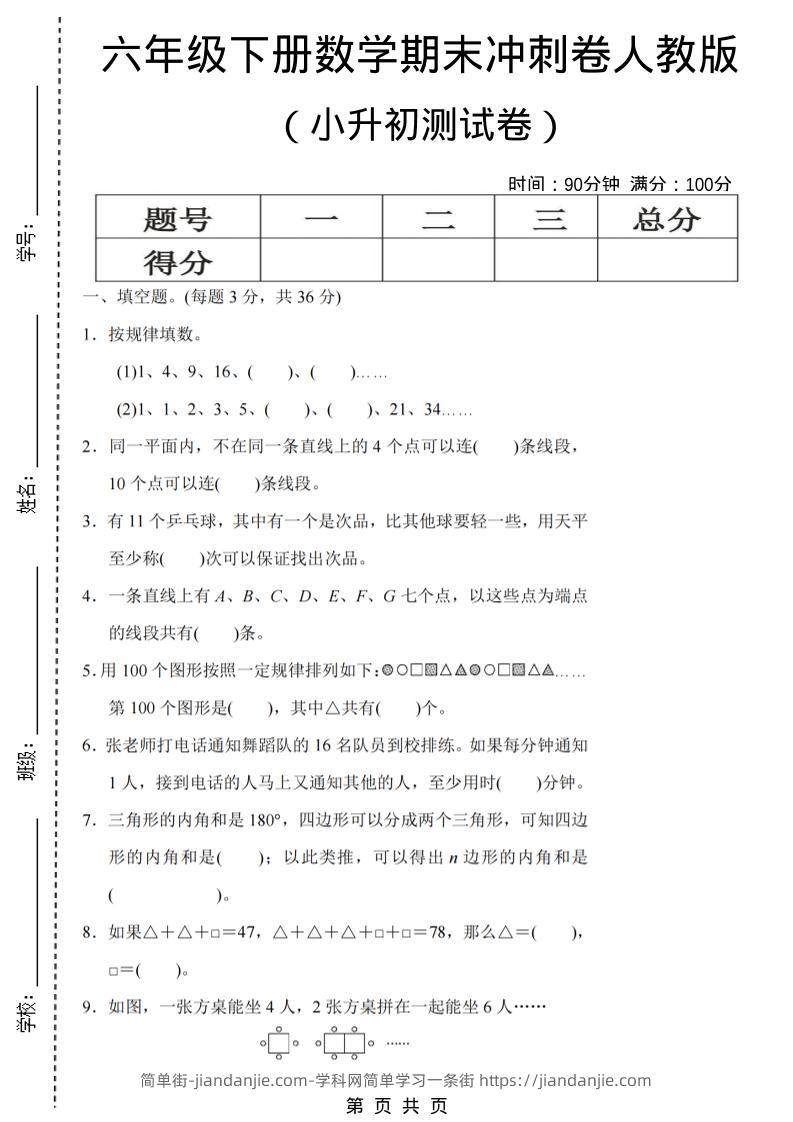 六年级下数学期末小升初冲刺卷《人教版》-简单街-jiandanjie.com