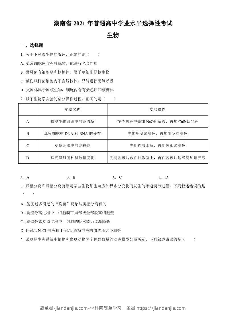 2021年高考生物试卷（湖南）（空白卷）-简单街-jiandanjie.com
