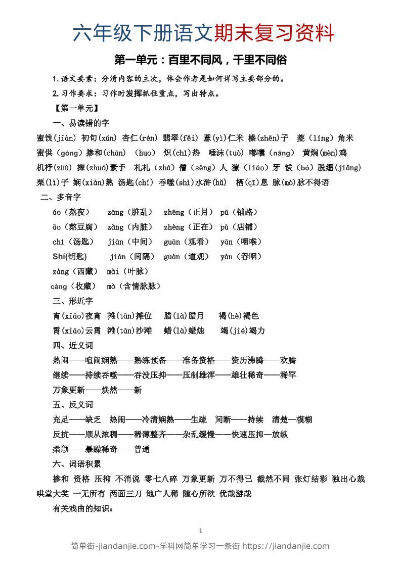 六年级下语文期末复习资料-简单街-jiandanjie.com