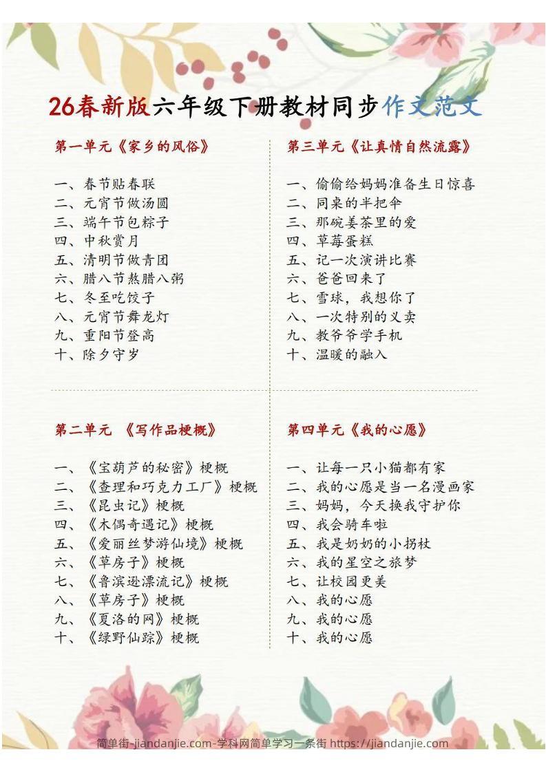 六年级下语文1-8单元同步作文范文-简单街-jiandanjie.com