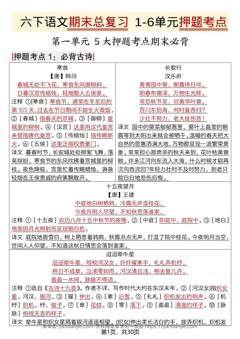 六年级下语文期末总复习1-6单元押题考点-简单街-jiandanjie.com