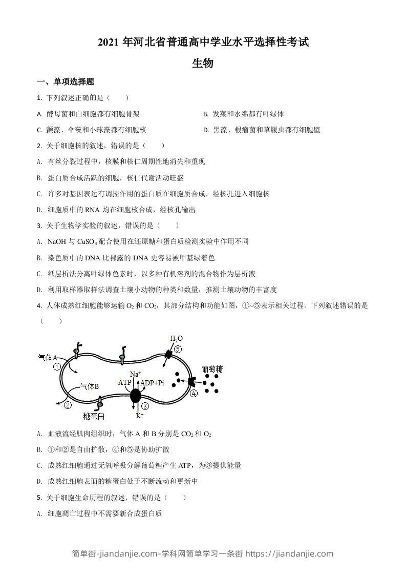 2021年高考生物试卷（河北）（空白卷）-简单街-jiandanjie.com