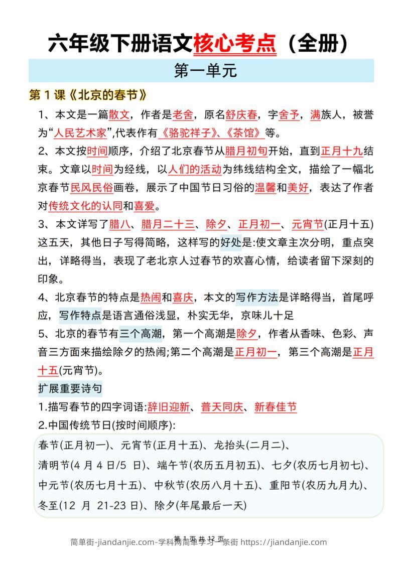 六年级下语文期末全册课文核心考点-简单街-jiandanjie.com