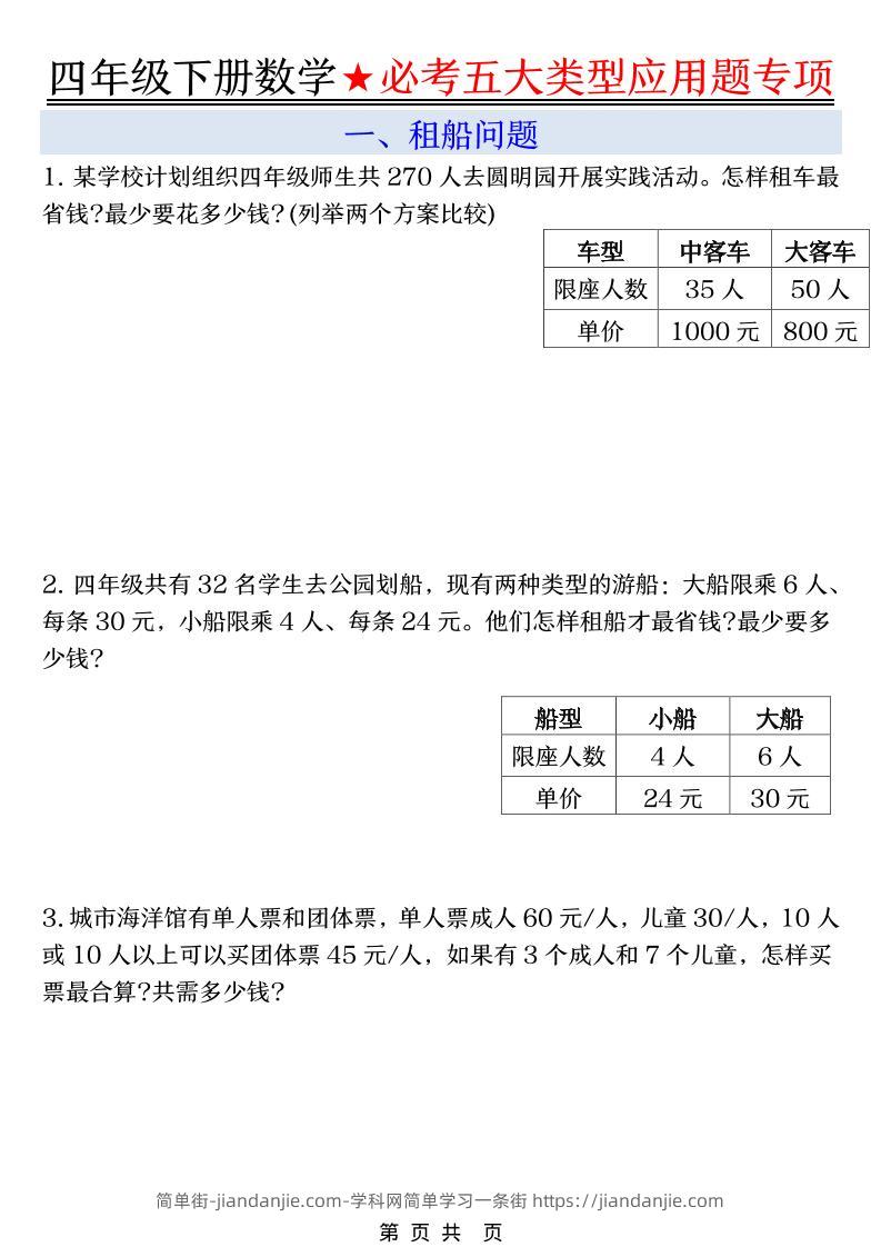四年级下数学必考五大类型应用题-简单街-jiandanjie.com