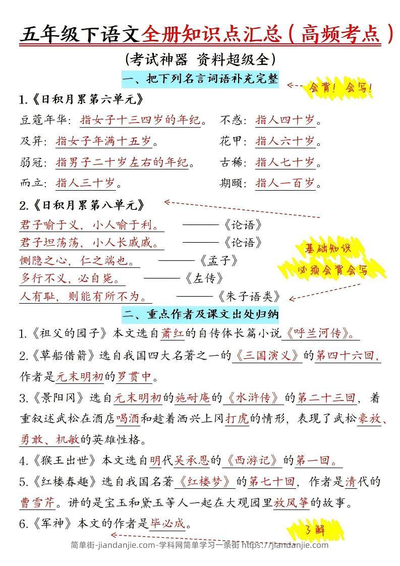五年级下语文期末全册知识点汇总高频考点-简单街-jiandanjie.com