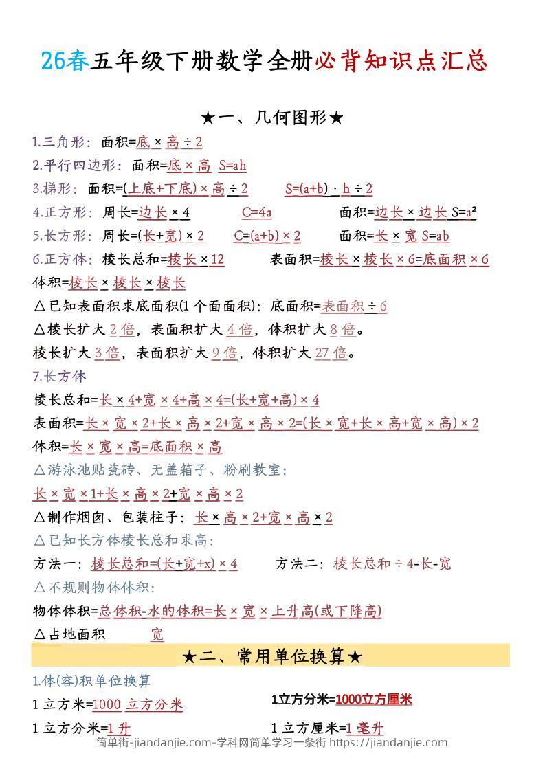 26春五年级下数学期末必背公式汇总-简单街-jiandanjie.com