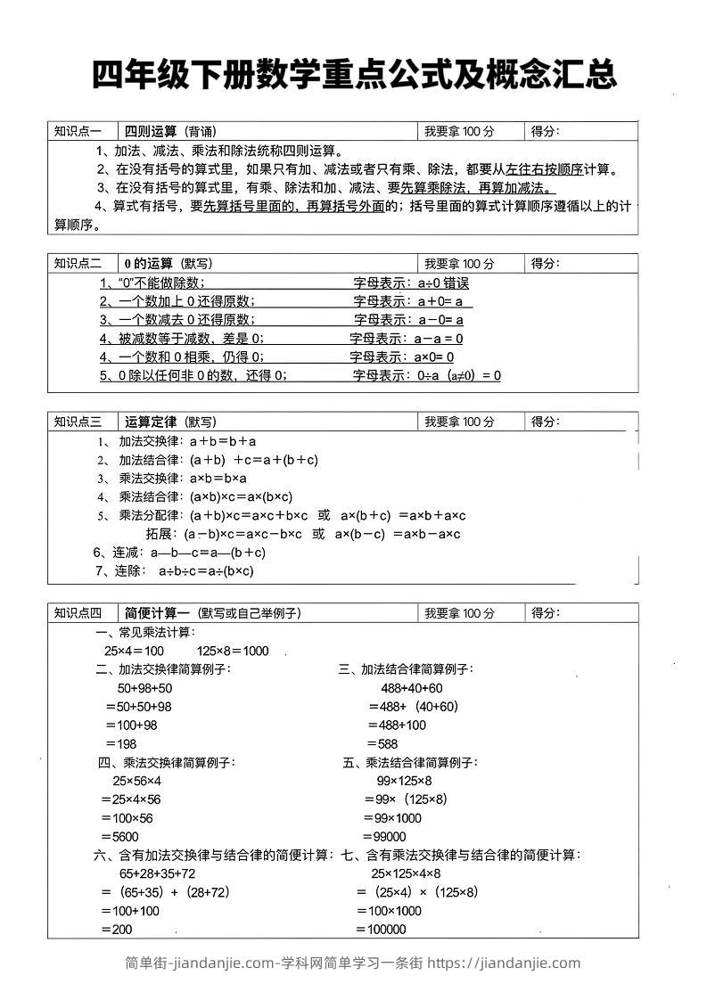 四年级下数学重点公式及概念汇总-简单街-jiandanjie.com