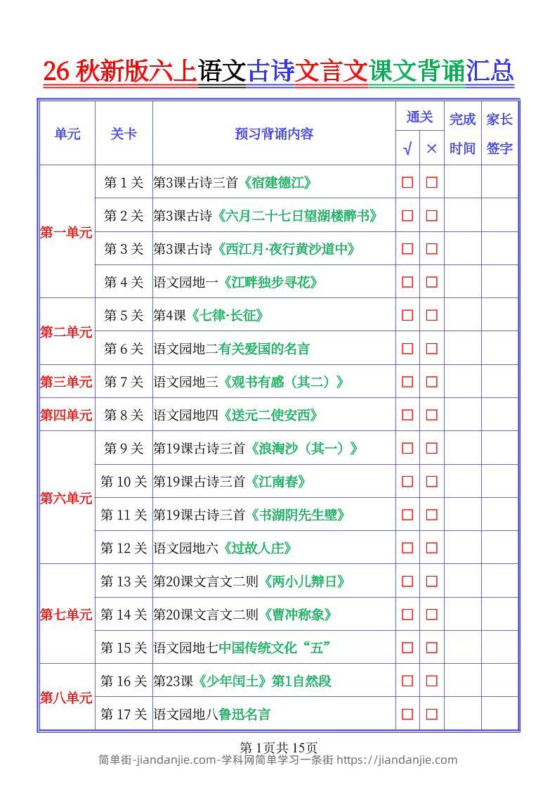 26秋新六上语文古文文言文课文背诵内容汇总-背诵版-简单街-jiandanjie.com