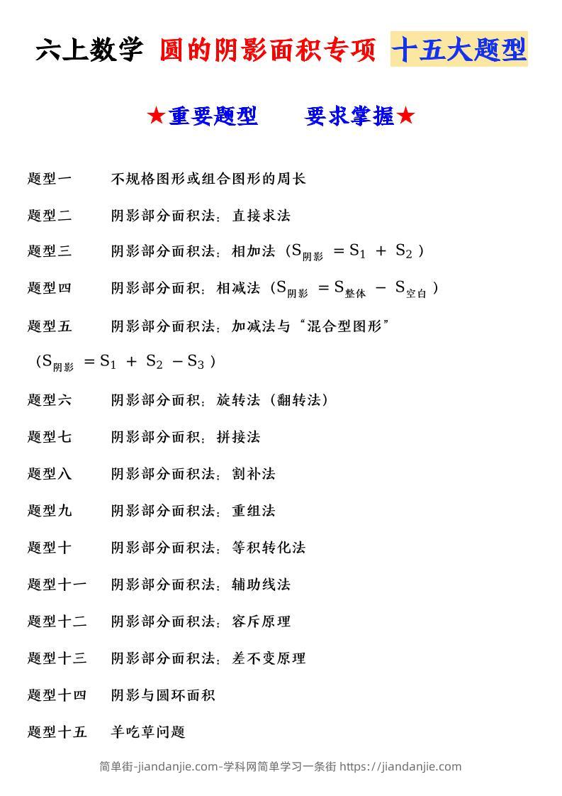 六上数学圆的阴影面积专项十五大题型-简单街-jiandanjie.com