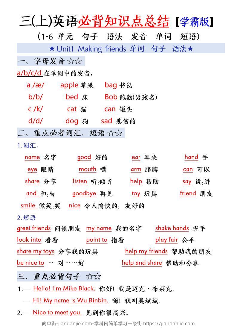 三年级(上)英语必备知识点总结-简单街-jiandanjie.com