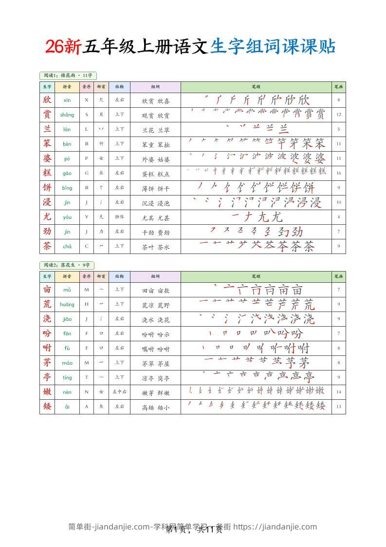 26新五上语文生字组词课课贴11页-简单街-jiandanjie.com