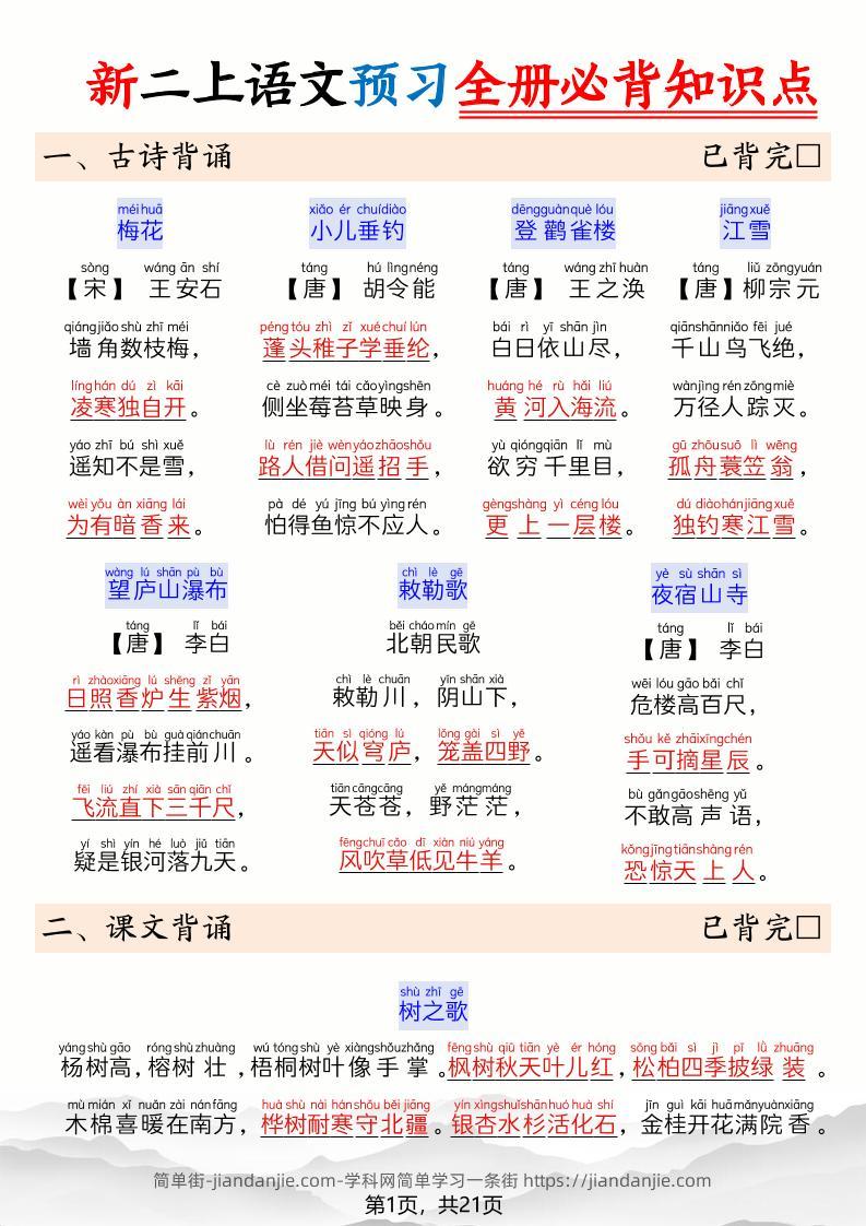 26新二上语文暑假预习全册必背知识点21页-简单街-jiandanjie.com