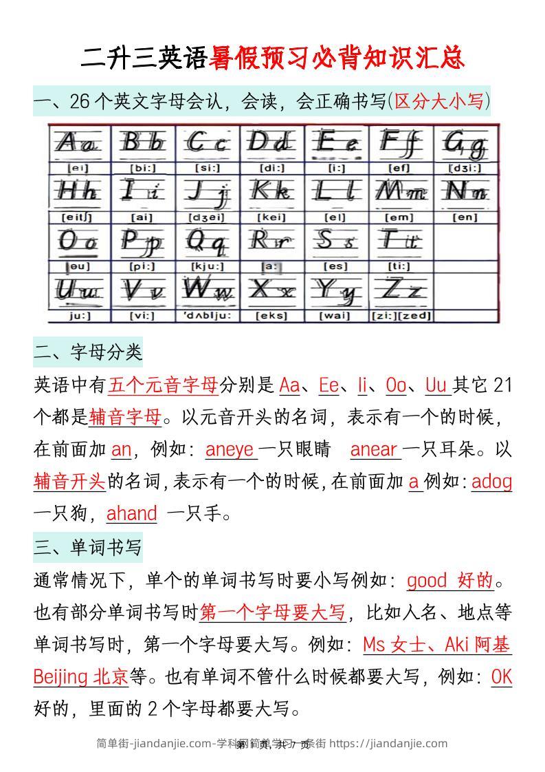 二升三英语暑假预习必背知识汇总通用版-三上英语-简单街-jiandanjie.com