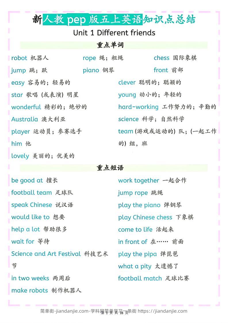 26秋新人教pep版五上英语知识点总结-简单街-jiandanjie.com