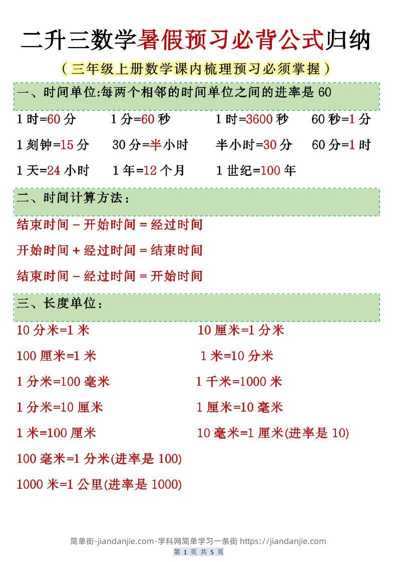 人教版二升三数学暑假预习必背公式归纳-三上数学-简单街-jiandanjie.com