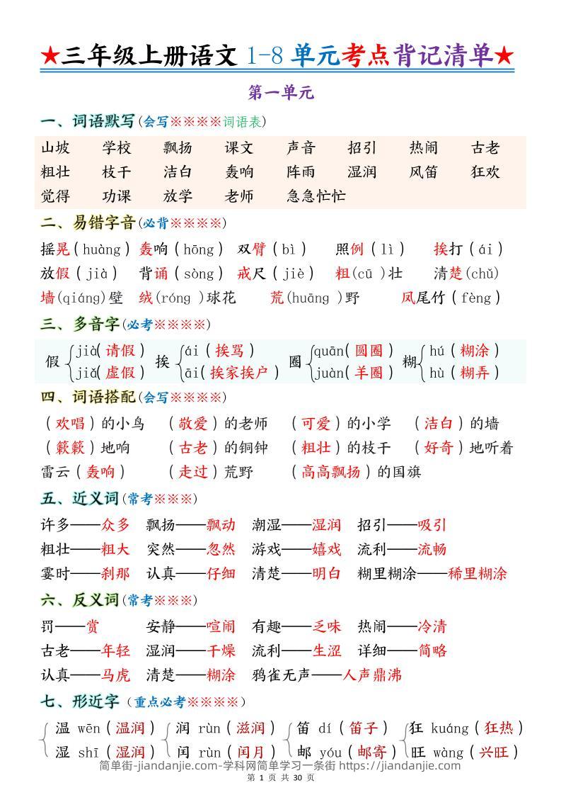 新三上语文1-8单元考点背记清单30页-简单街-jiandanjie.com