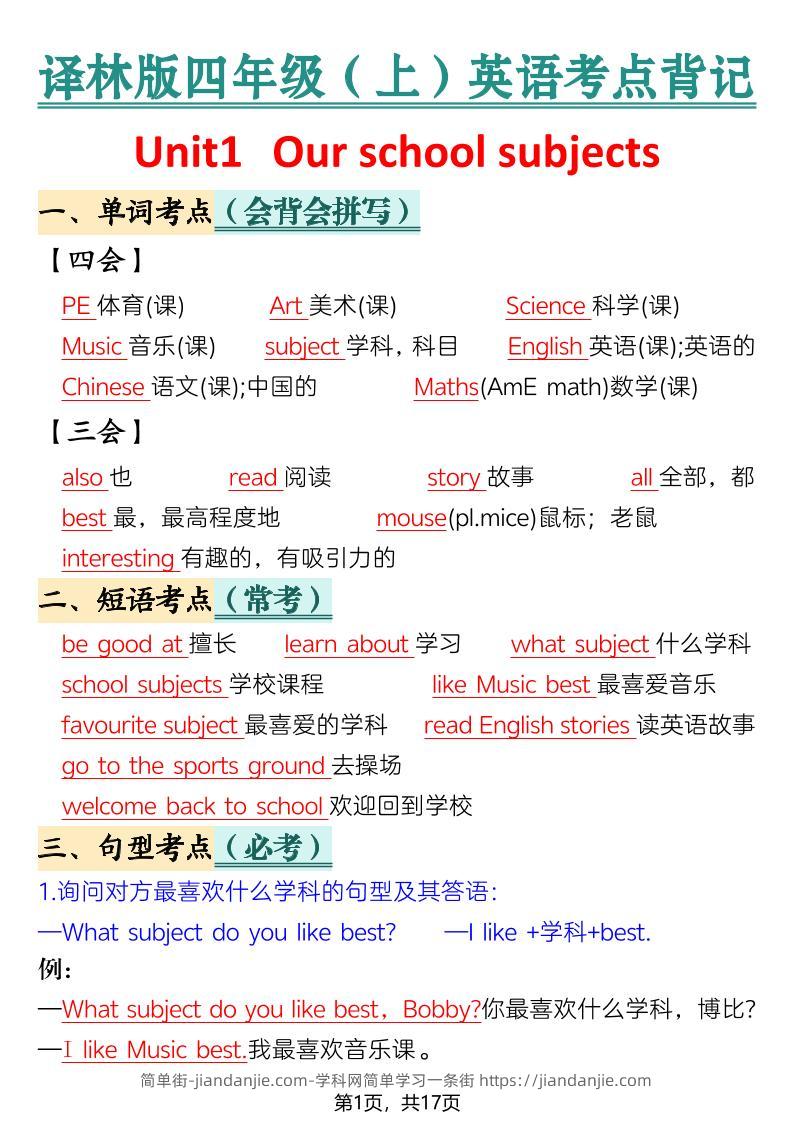 新四年级上册英语译林版考点背记-简单街-jiandanjie.com