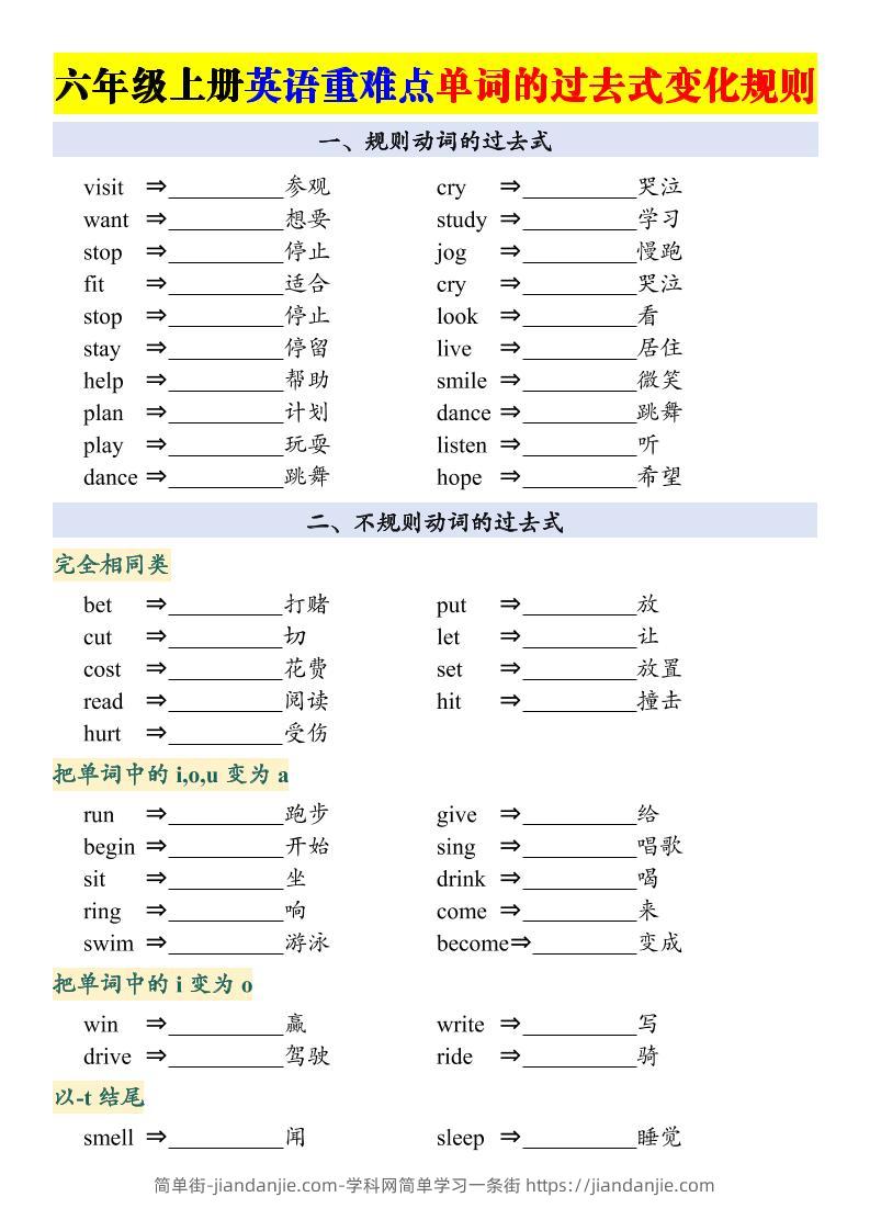 六上英语重点：动词的过去式变化专项-简单街-jiandanjie.com