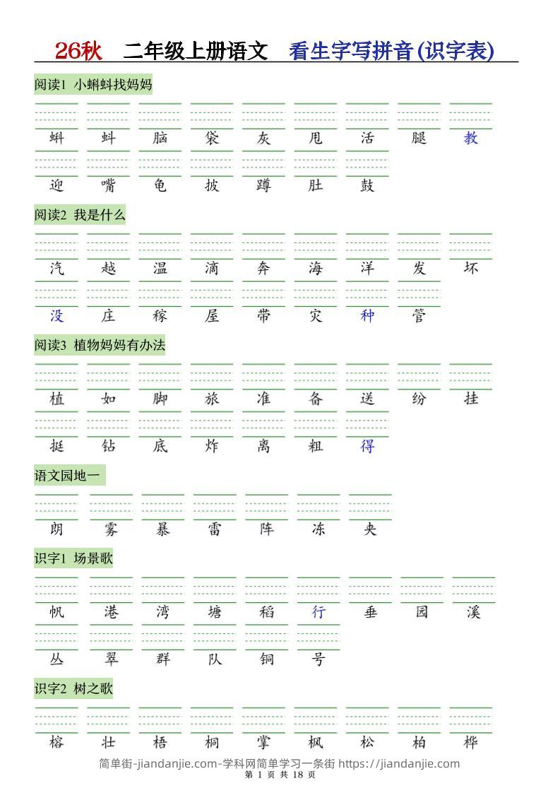 26秋语文二上【识字注音+看拼音写词语】专练-简单街-jiandanjie.com