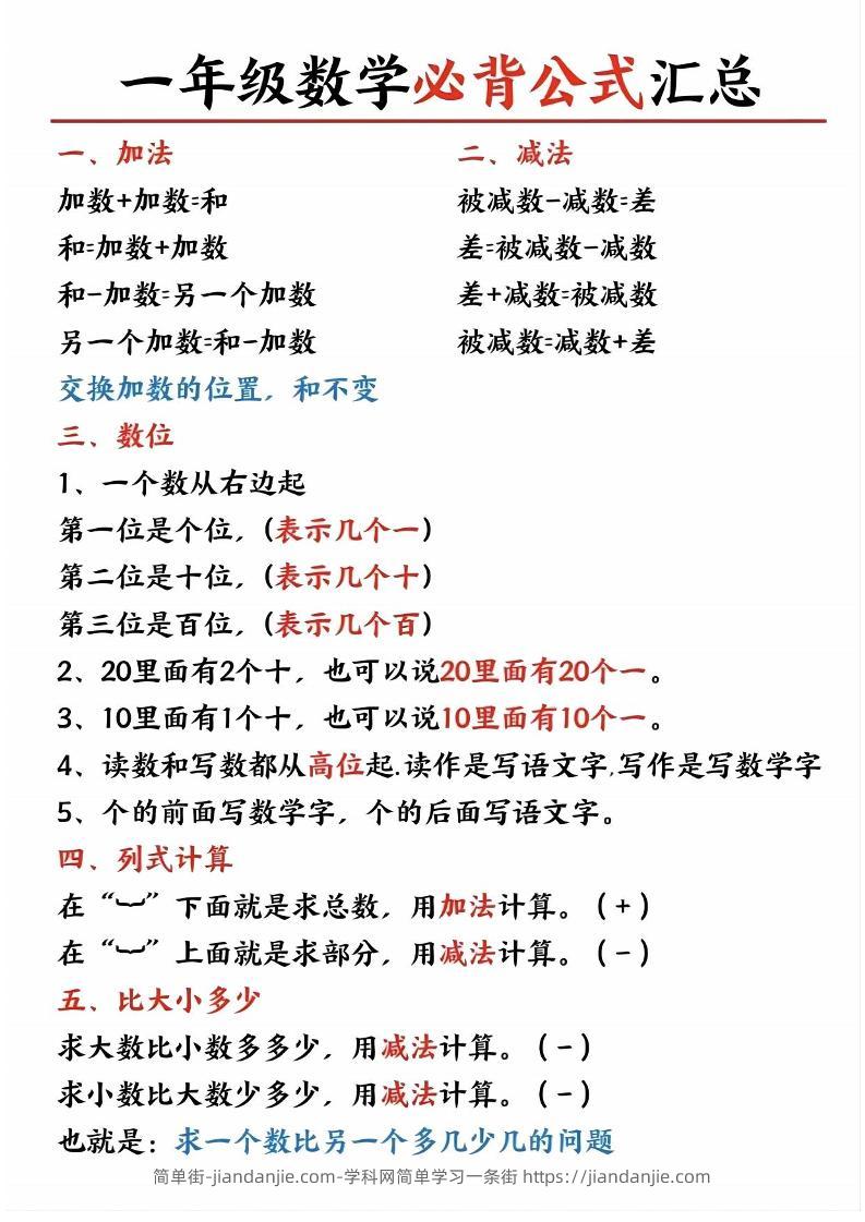 一上数学公式-简单街-jiandanjie.com
