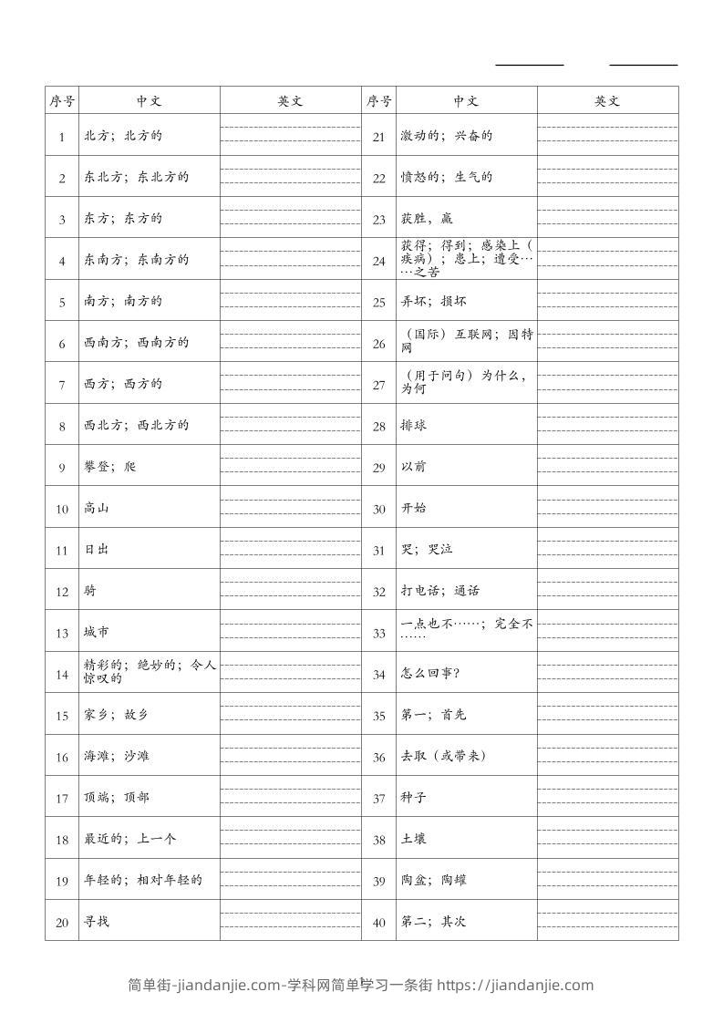 26秋六上英语人教精通版单词默写-简单街-jiandanjie.com