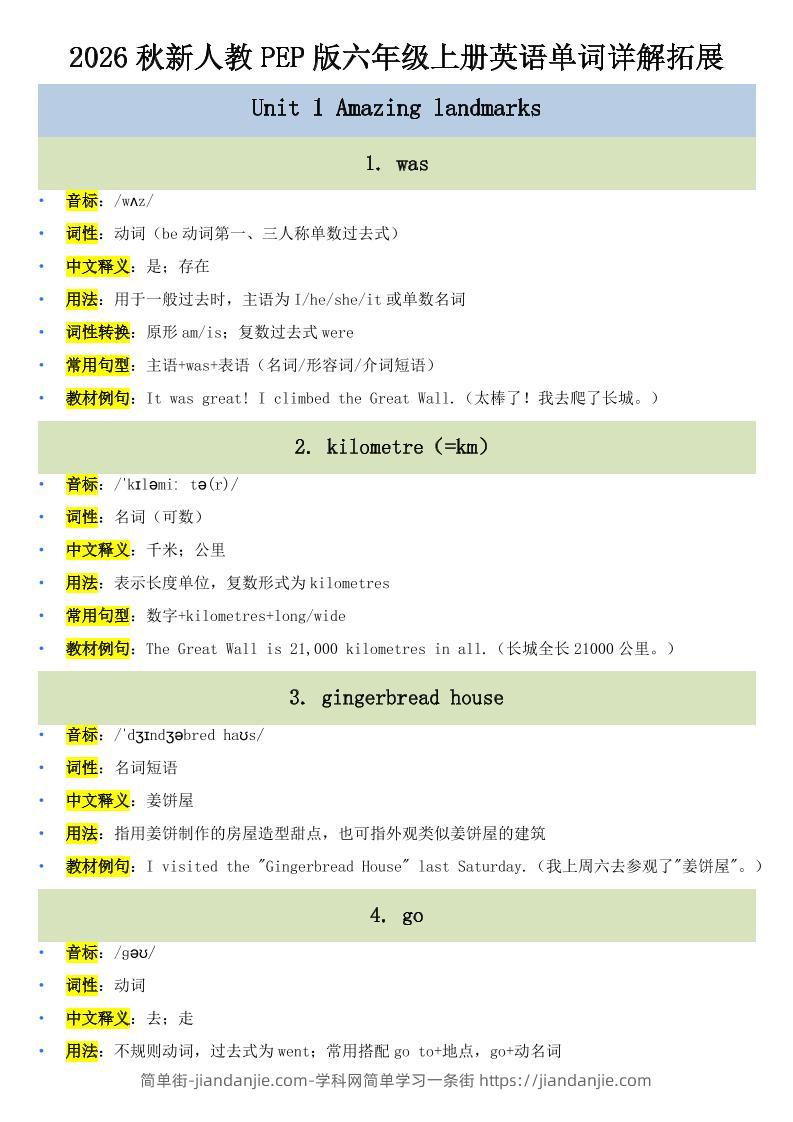 2026秋PEP人教版六年级上册英语U1-U6单词短语全解-简单街-jiandanjie.com