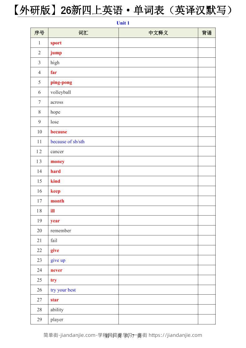 【外研版】26新四上英语·单词表（英译汉默写）-简单街-jiandanjie.com