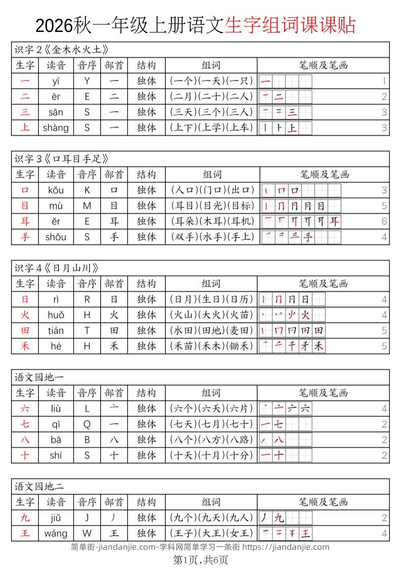 2026秋一年级上册语文生字组词课课贴-简单街-jiandanjie.com