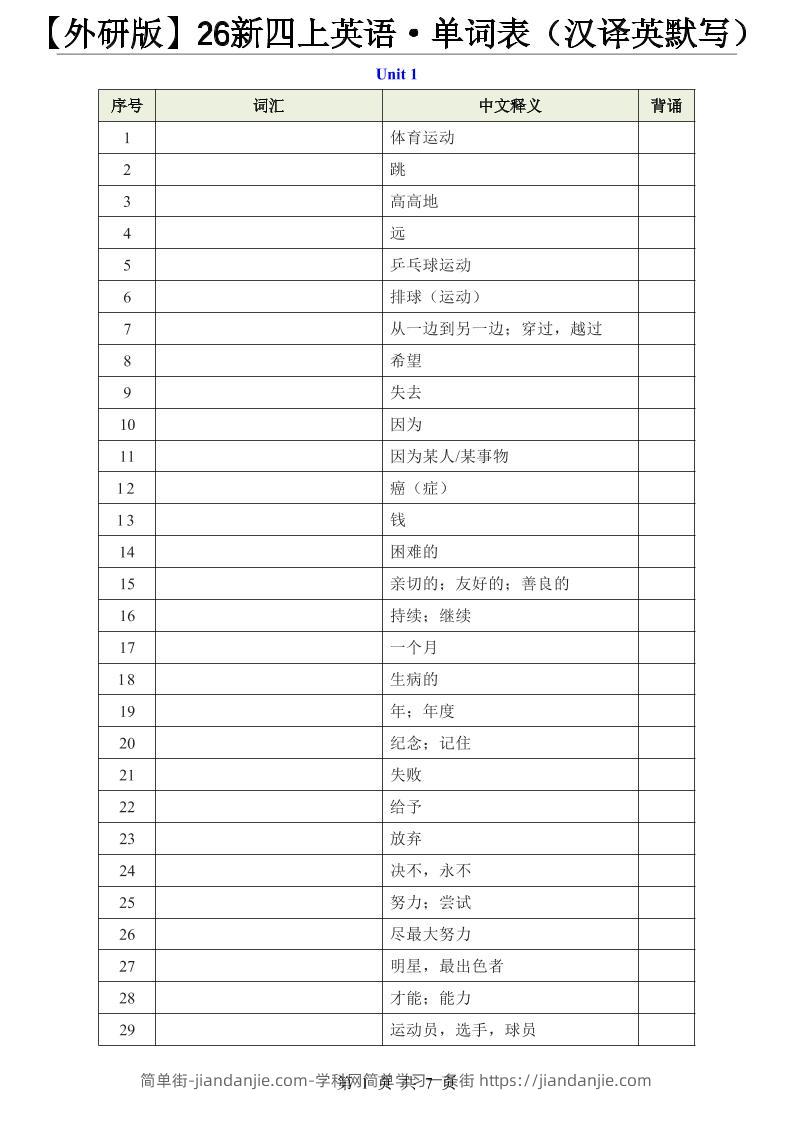 【外研版】26新四上英语·单词表（汉译英默写）-简单街-jiandanjie.com