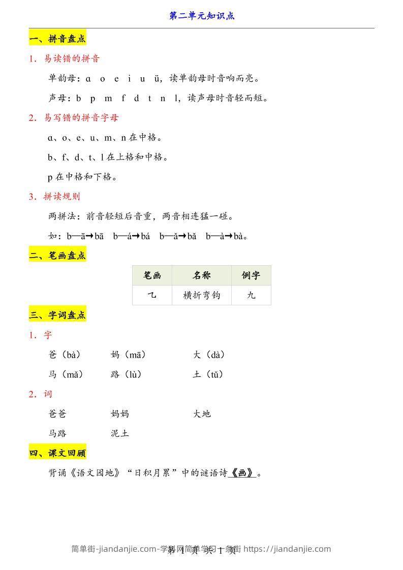 新一上语文第2单元（知识点）-简单街-jiandanjie.com