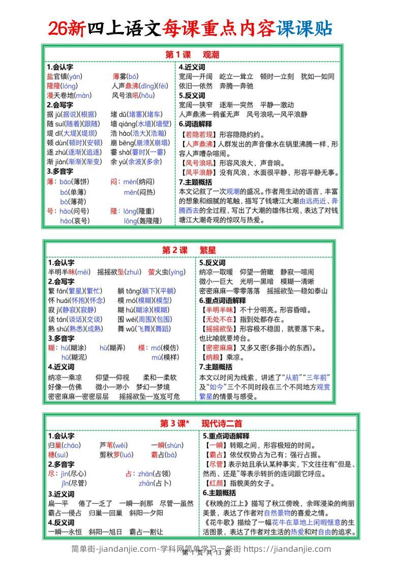 26新四上语文每课重点内容课课贴13页-简单街-jiandanjie.com