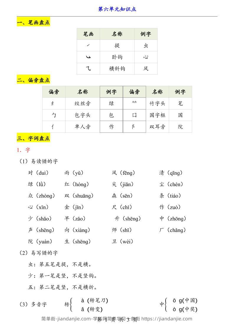 新一上语文第6单元（知识点）-简单街-jiandanjie.com