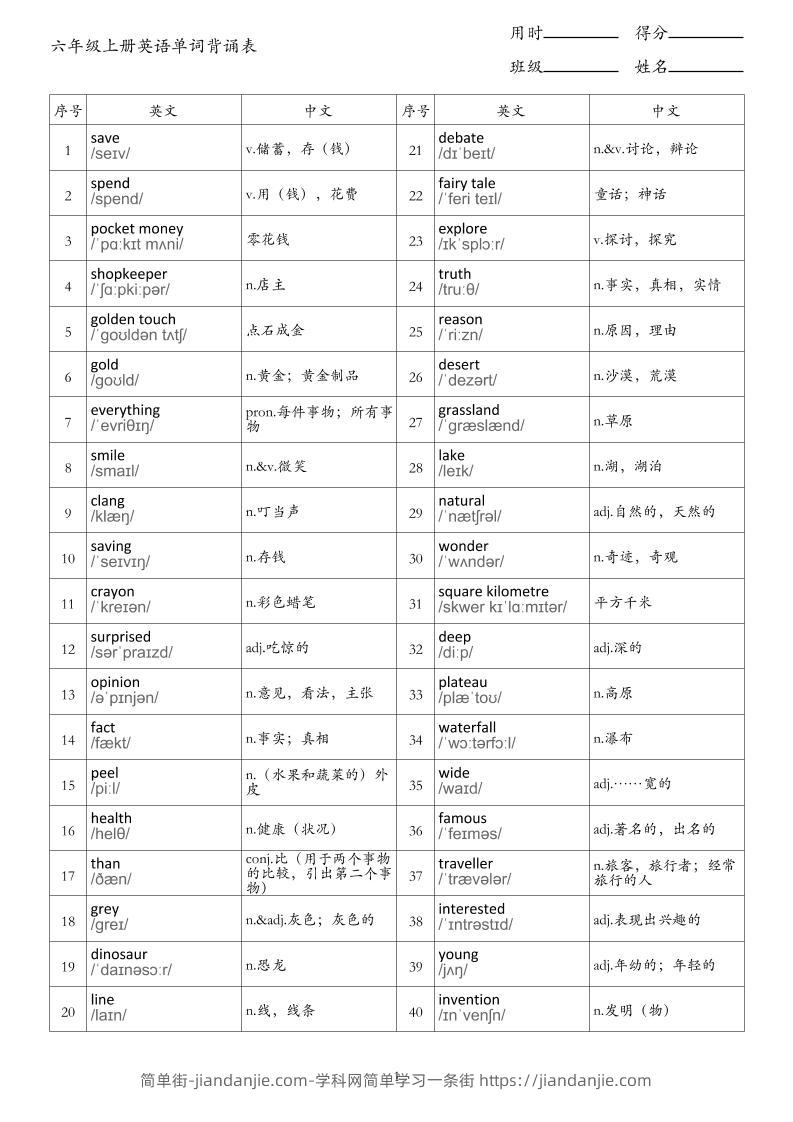 新六上英语单词背诵表《外研版》-简单街-jiandanjie.com