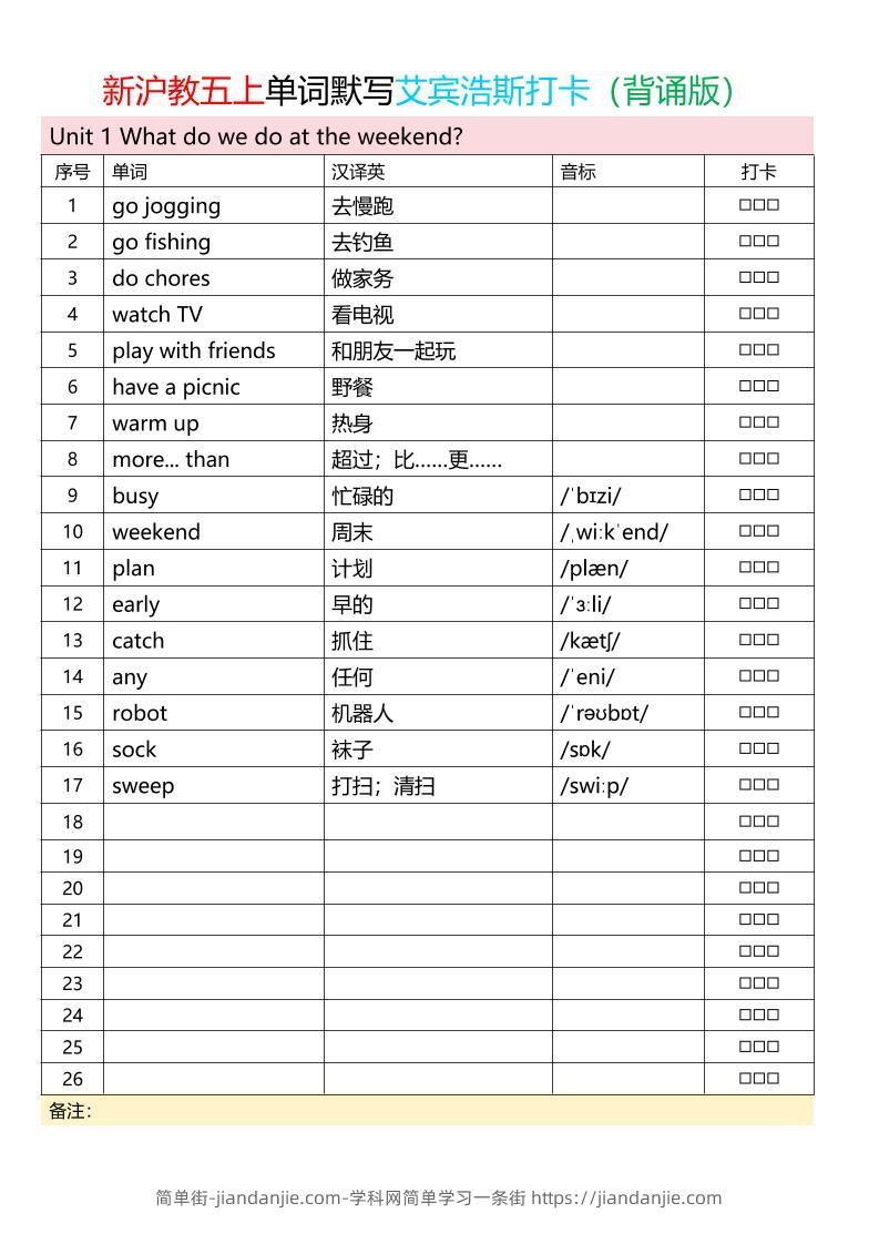 五上英语沪教版单词打卡表背诵+默写-简单街-jiandanjie.com